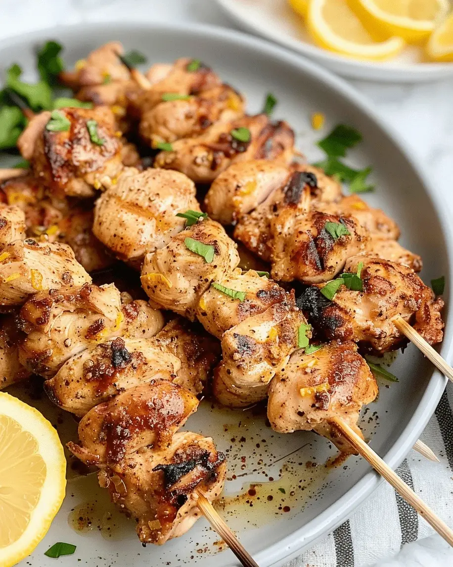 Air fryer lemon pepper chicken skewers sizzling in the basket, golden and aromatic.