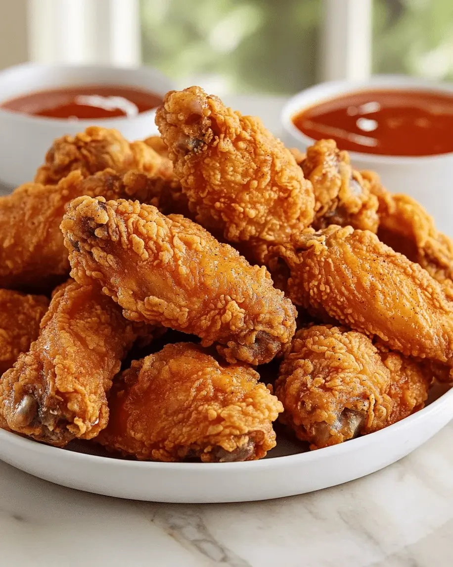 Crispy golden fried chicken wings on a platter, ready to be served.