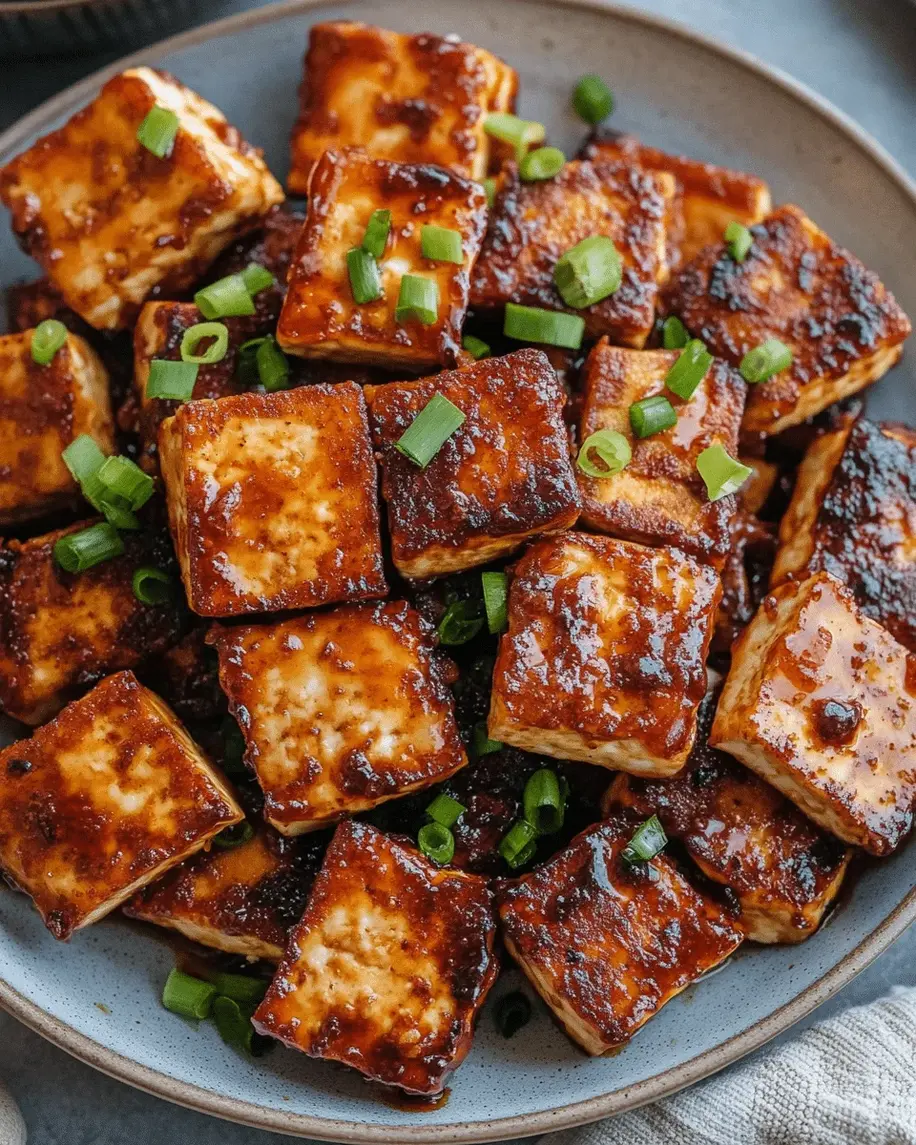 Close-up of crispy pan-fried tofu pieces with chili marinade being tossed