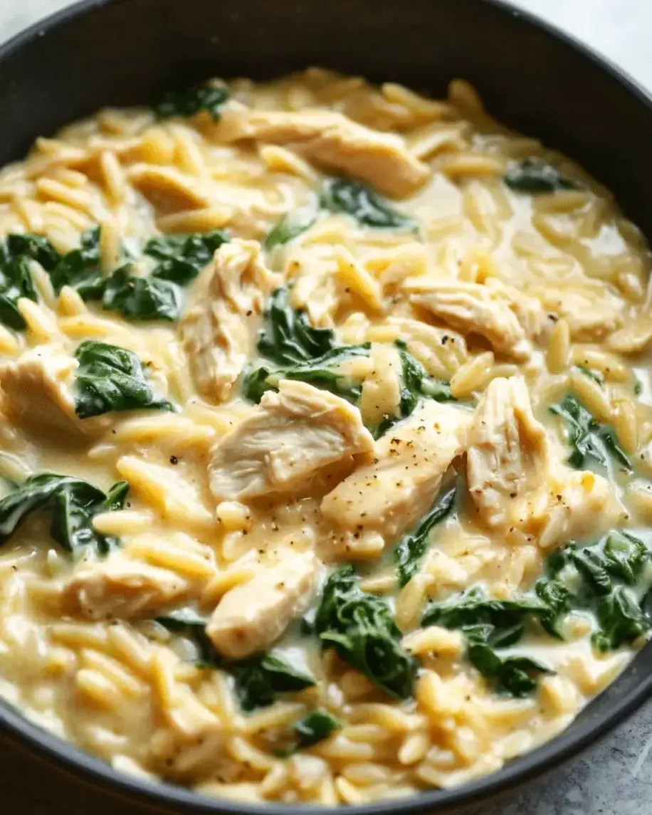 A freshly served bowl of creamy orzo topped with chicken and wilted spinach, garnished with herbs and a sprinkle of cheese, capturing the warm comfort and vibrancy.