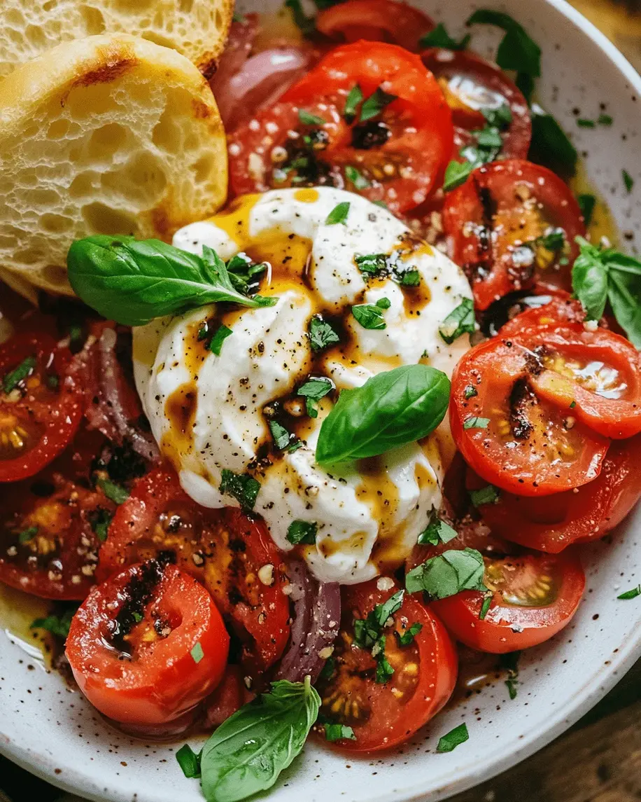 A vibrant salad with colorful tomatoes, creamy burrata, and fresh basil.