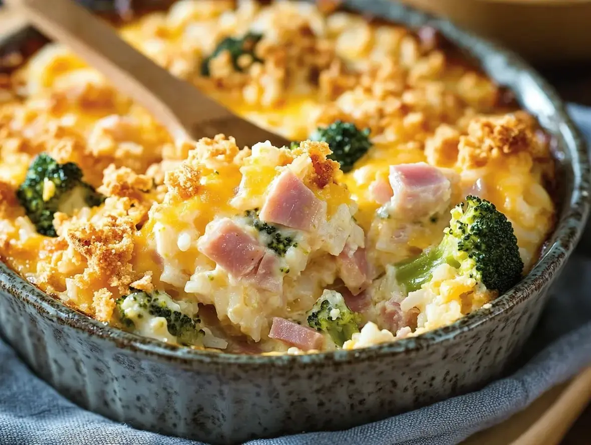 Easy Chicken Ham and Rice Casserole with Broccoli in a baking dish, topped with melted cheese.