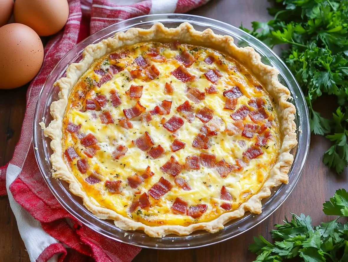 Delicious Bacon and Cheese Quiche presented on a rustic wooden board.
