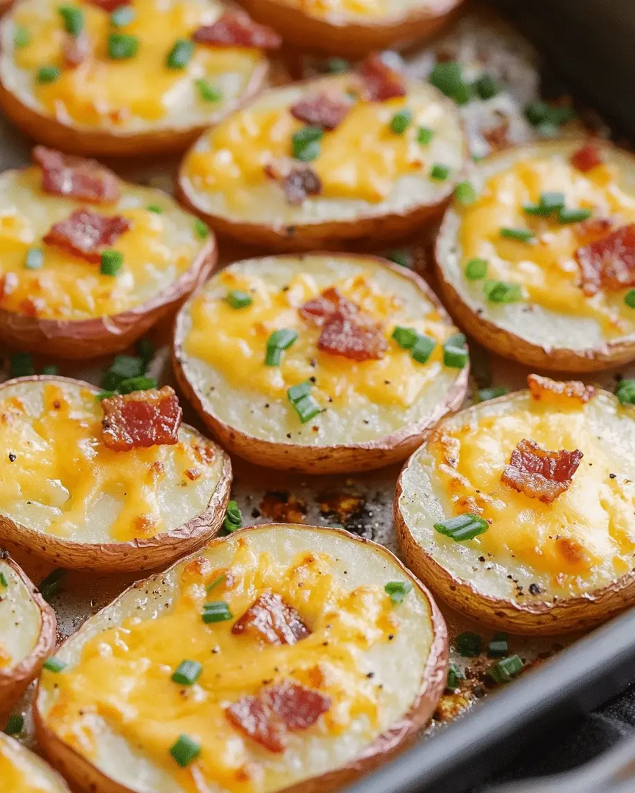 Sliced red potatoes ready for baking with bacon and cheese toppings