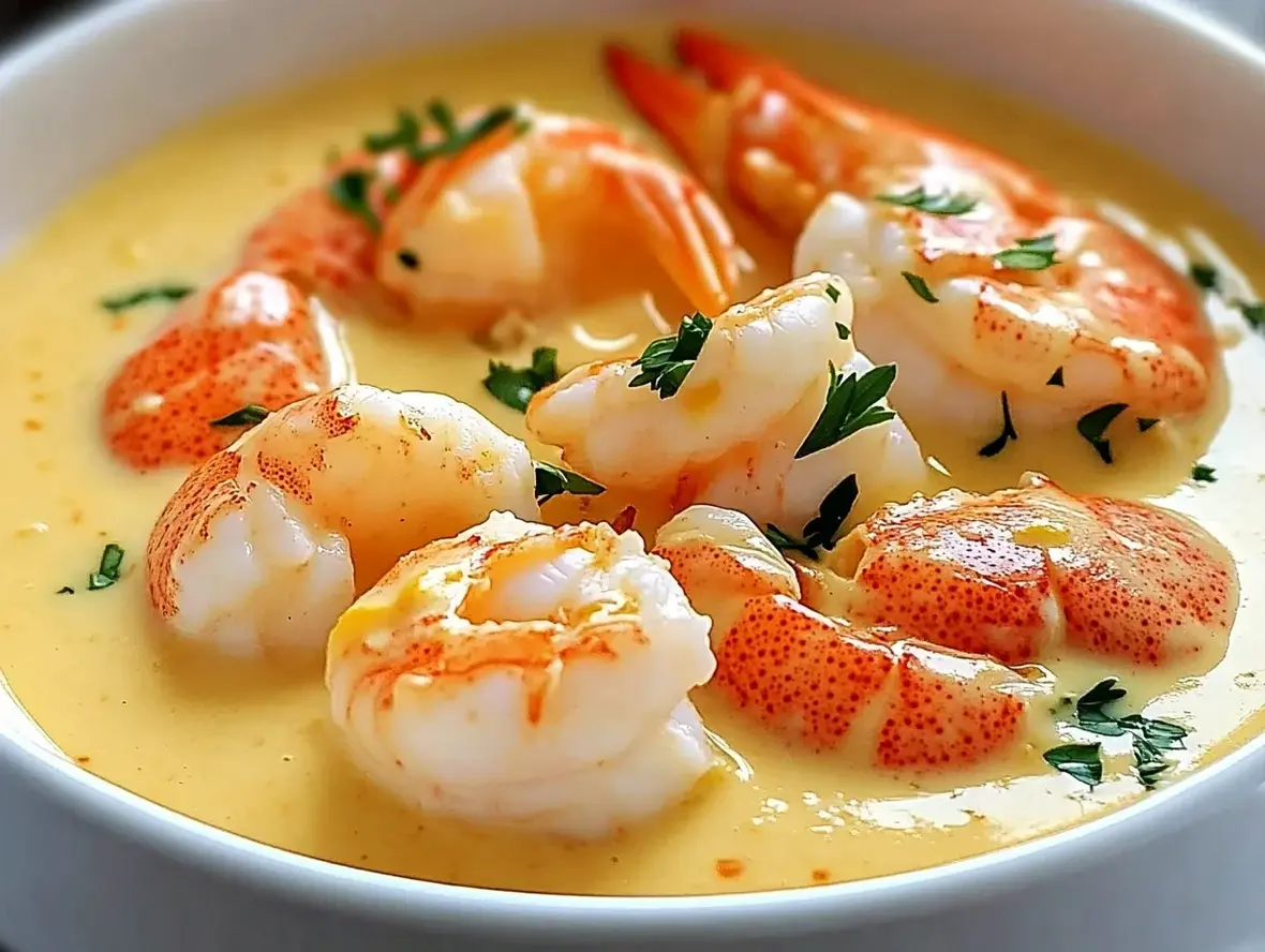 A steaming bowl of creamy seafood bisque filled with shrimp and crab, garnished with fresh herbs.