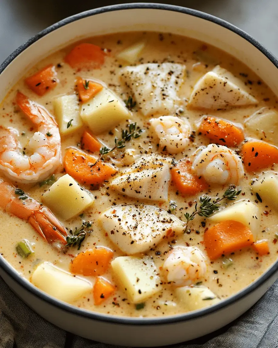 Overhead shot of a bowl of finished creamy seafood chowder garnished with herbs and served with bread.
