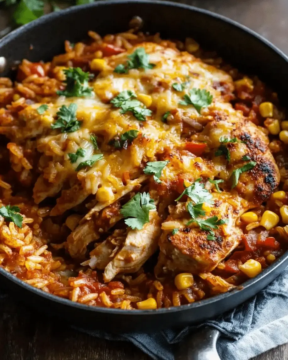 Delicious chicken and rice skillet sizzling with corn and spices