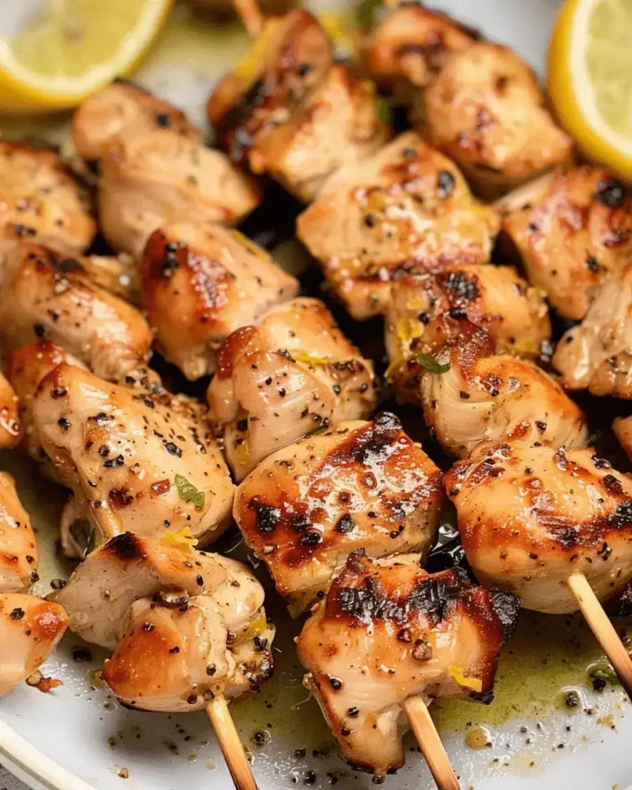 Close-up of served air fryer lemon pepper chicken skewers with herbs and lemon wedges.