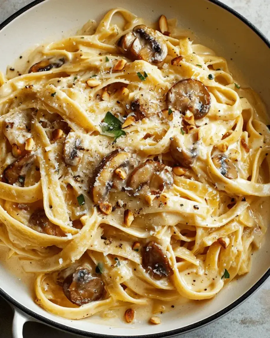 Creamy Mushroom and Leek Fettuccine with Pine Nuts in preparation
