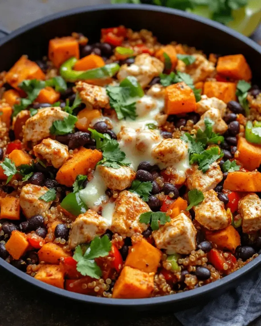 Plated chicken and sweet potato skillet dish garnished with cilantro, ready for serving or faqs section.