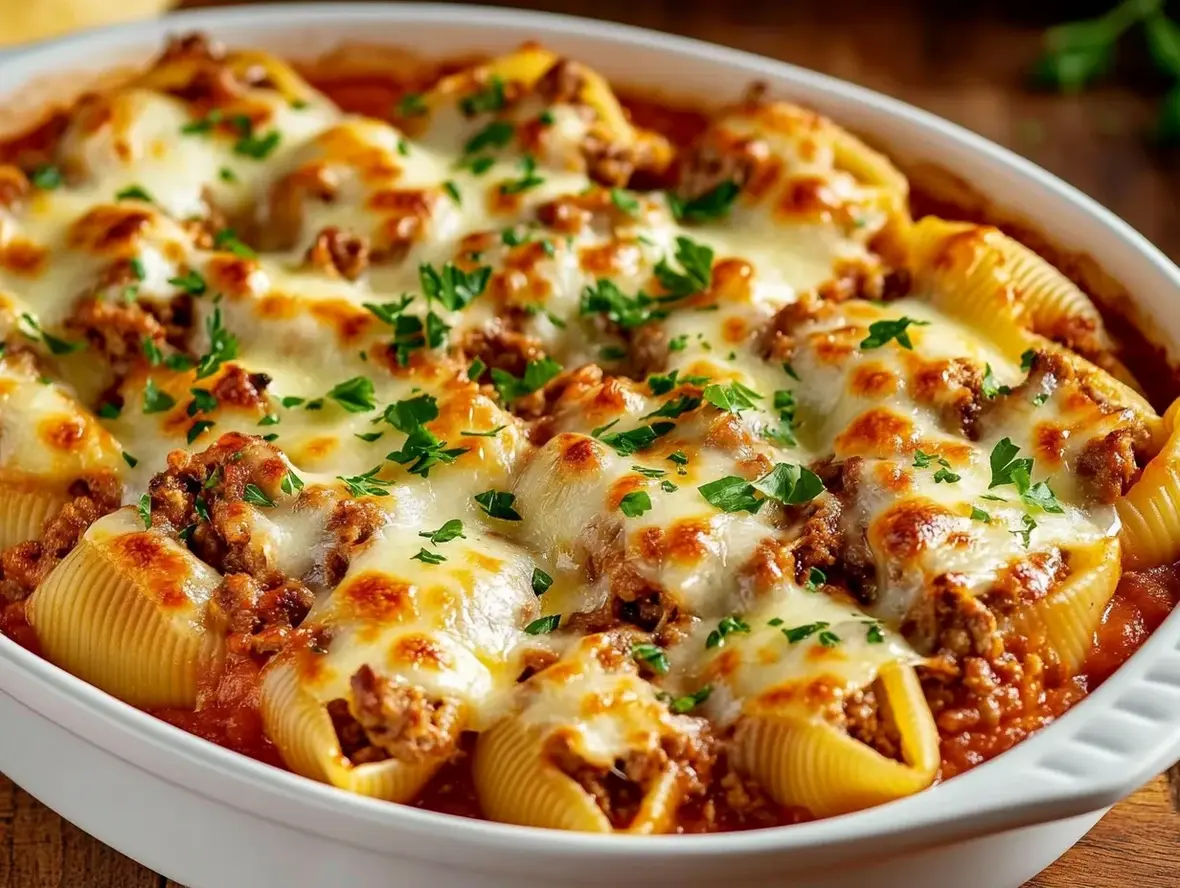 A pan of ready-to-serve Ground Beef Stuffed Shells, covered in melted cheese and sauce.
