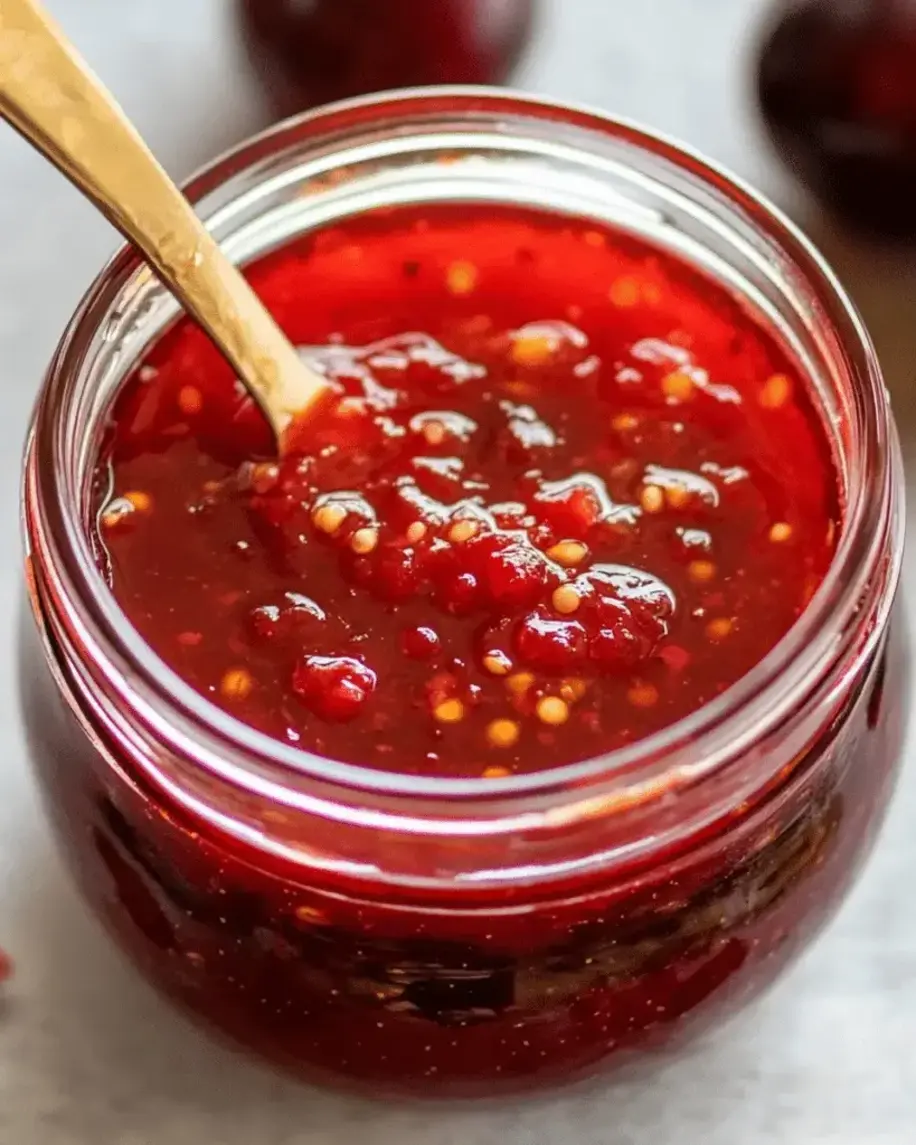 Jar of Spicy Red Pepper Plum Jam with a spoon scooping some out