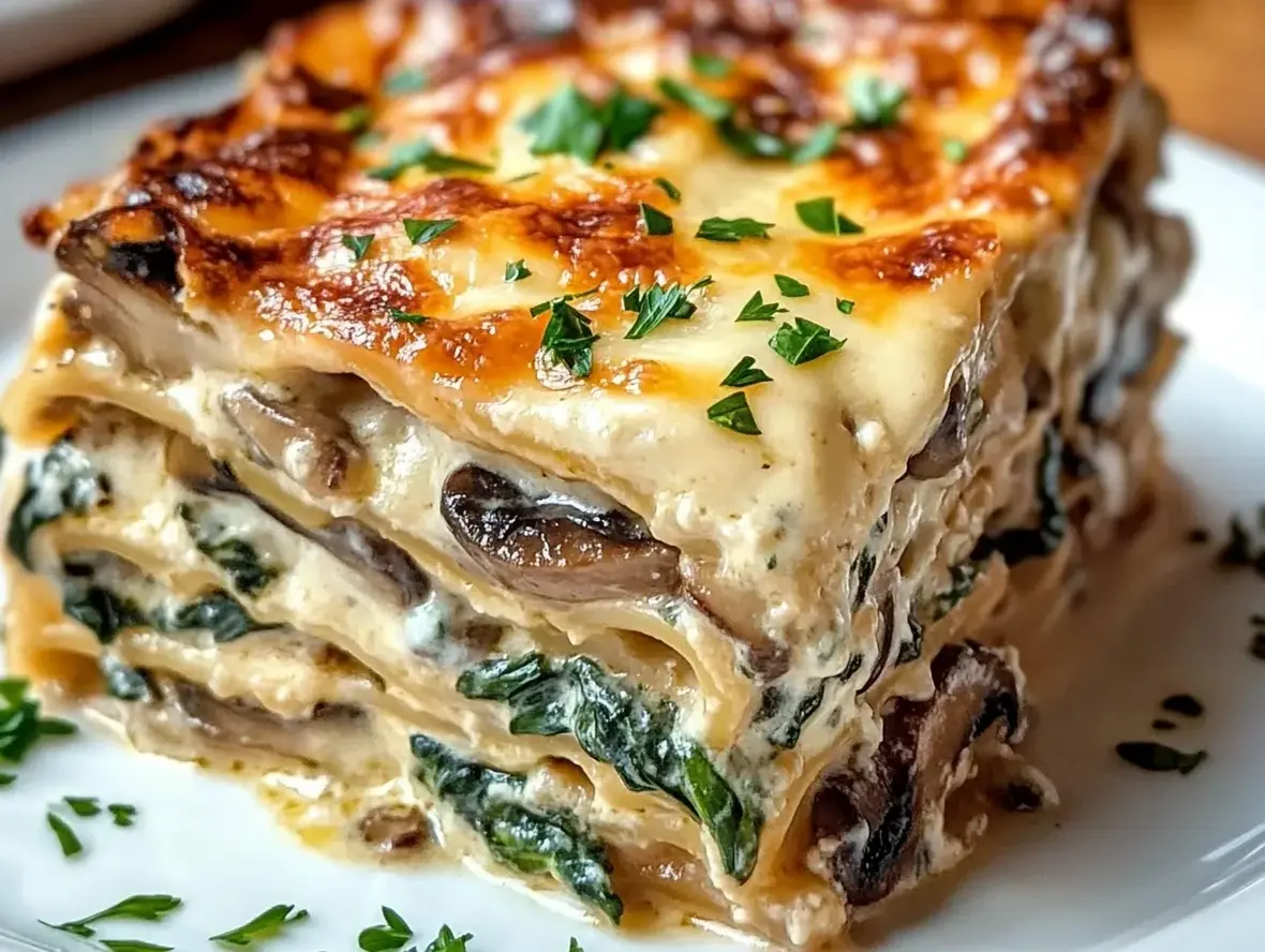 A mouthwatering slice of creamy spinach and mushroom lasagna, showing layers of pasta, creamy sauce, and topping.