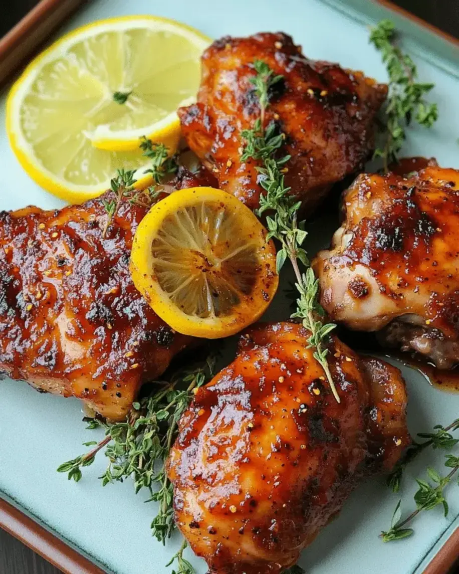 A close-up shot of honey lemon pepper chicken thighs with fresh thyme, showcasing the golden-brown crispy skin and glistening sauce.