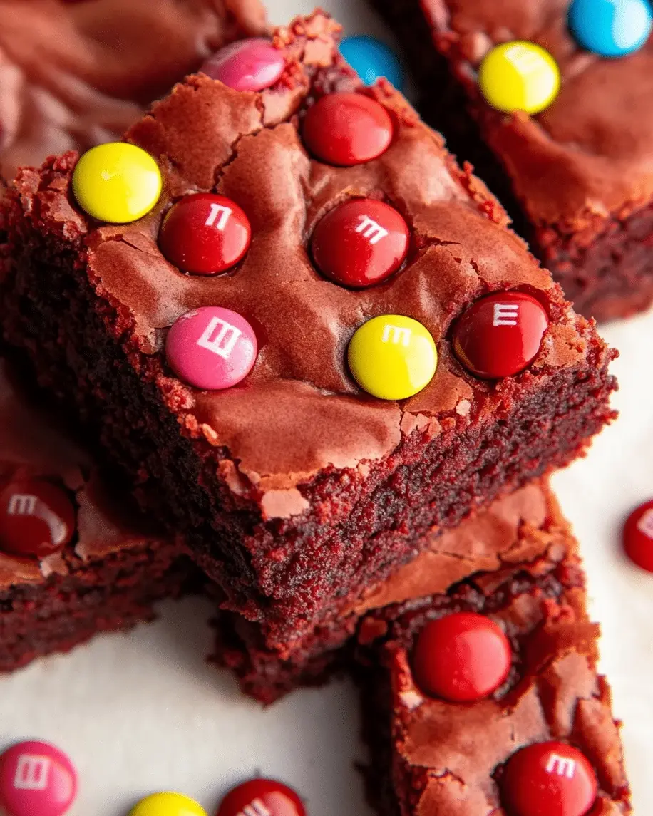 Bright red velvet batter with colorful M&M candies stirred in