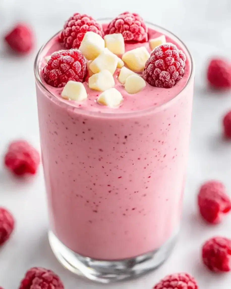 Overhead view of creamy raspberry smoothie garnished with berries