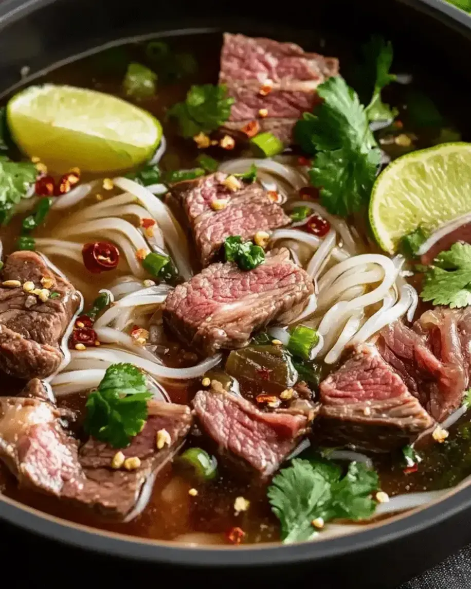Finished bowl of beef pho with garnishes and herbs scattered around