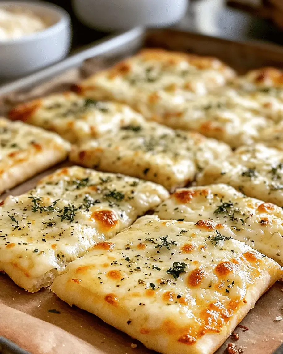 Fresh ingredients laid out for cheesy garlic breadsticks including dough, garlic, butter, and cheeses