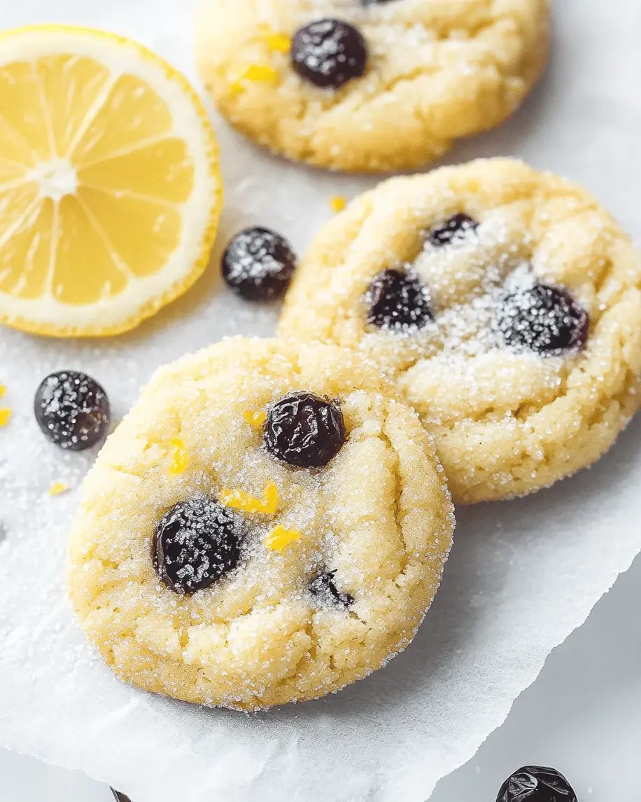 Freshly baked lemon blueberry sugar cookies cooling on a wire rack, showcasing golden edges and vibrant blueberries.