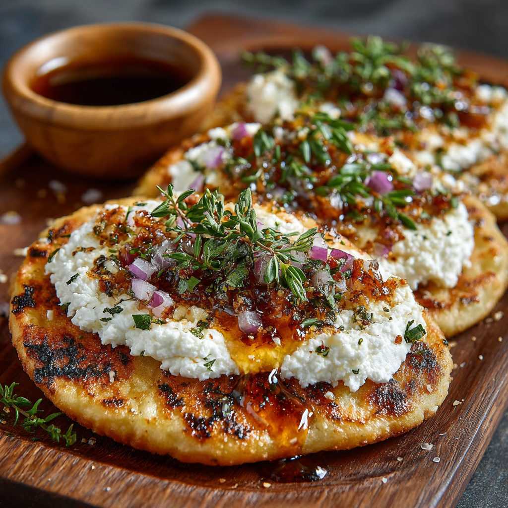 whole baked cottage cheese flatbread sliced into pieces with dipping sauce