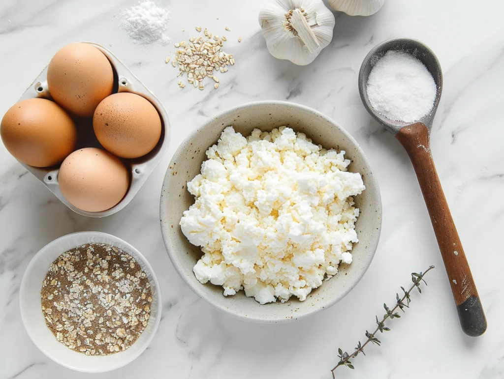 cottage cheese flatbread ingredients laid out on marble surface