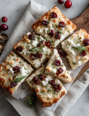 golden cottage cheese flatbread on rustic wooden cutting board