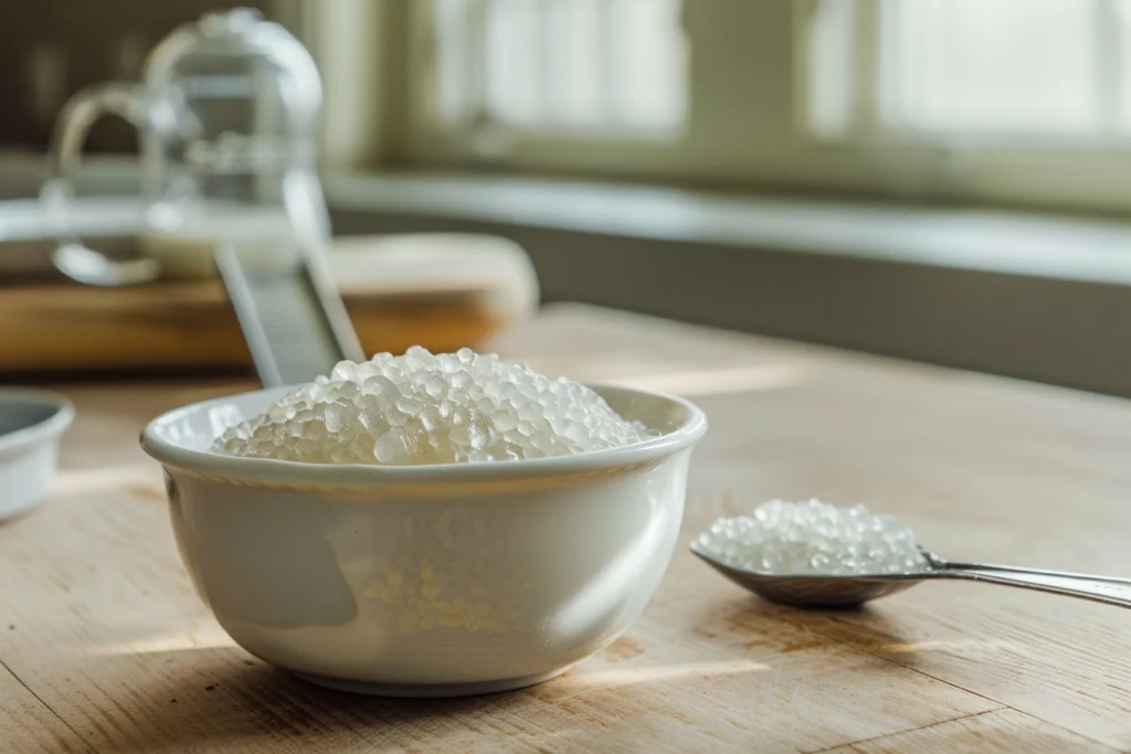 bloomed unflavored gelatin in a white bowl for Jillian Michaels gelatin recipe