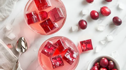 Jillian Michaels gelatin recipe drinks and cubes served on marble counter
