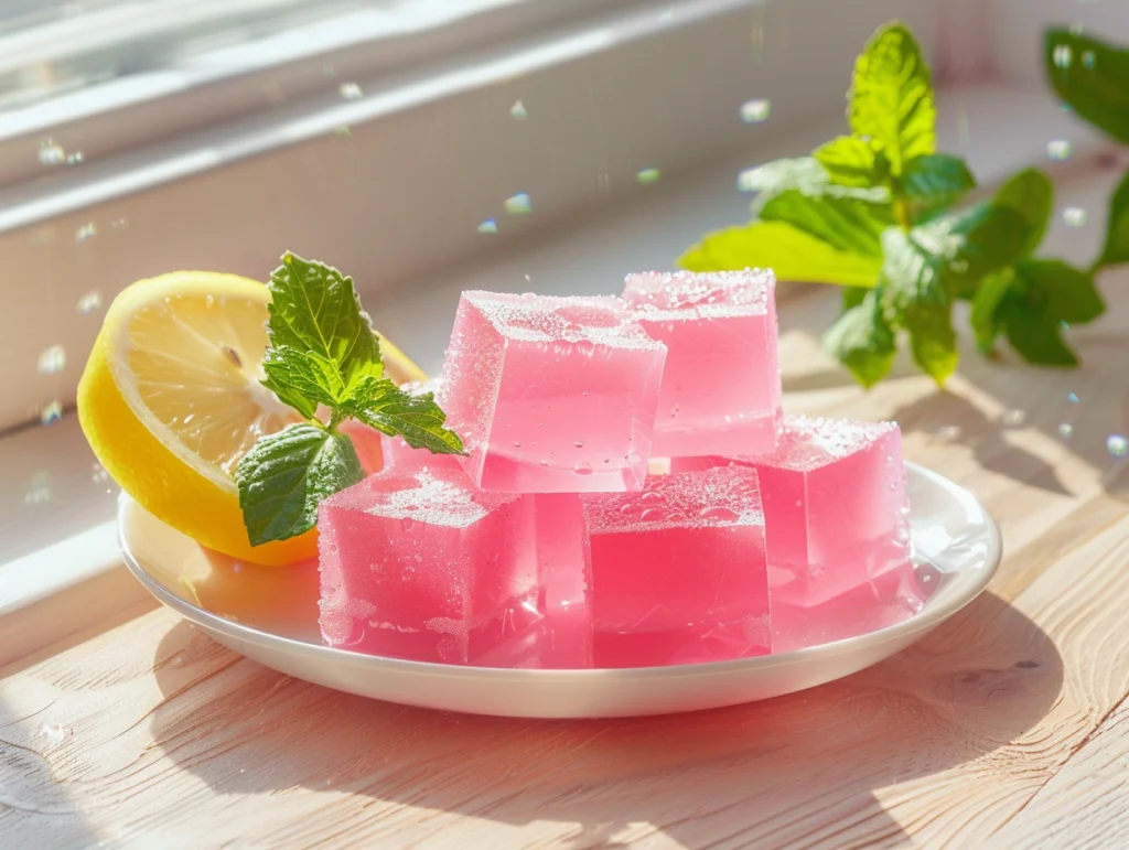 Jillian Michaels gelatin recipe chilled into pink cubes on a white plate