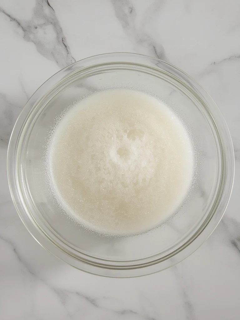 Unflavored gelatin granules blooming and swelling in cold water in a glass bowl — Step 1 of the bariatric gelatin recipe