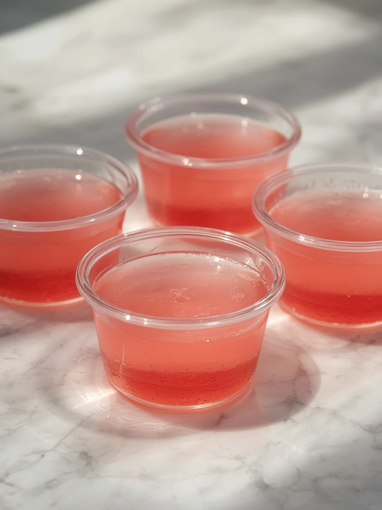 Four small glass containers of finished high-protein bariatric gelatin recipe, portioned and ready in the refrigerator