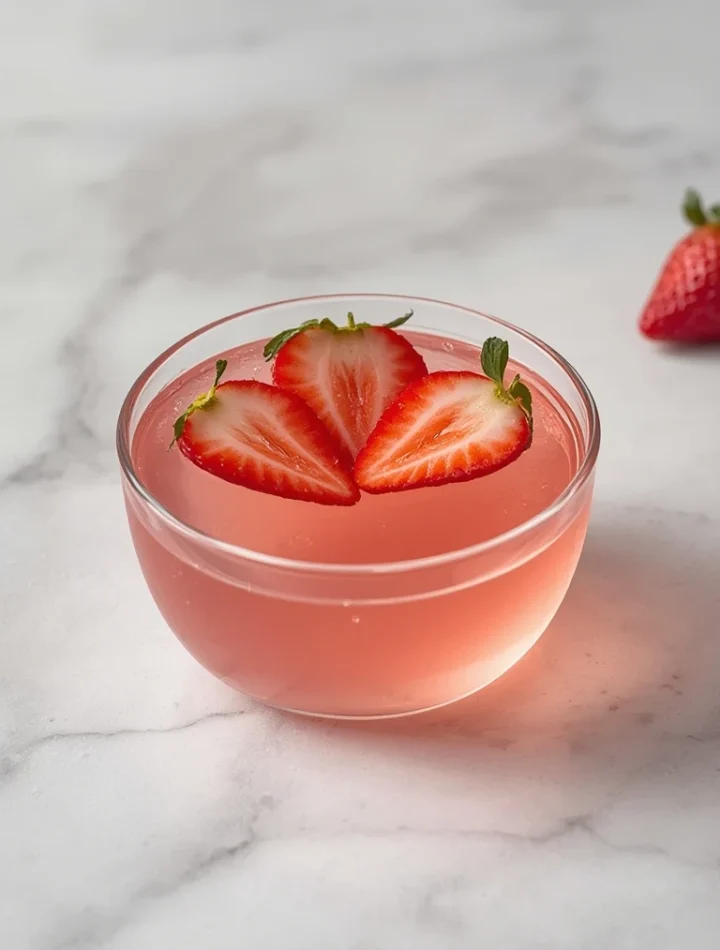 High-protein bariatric gelatin recipe in a small glass bowl garnished with fresh strawberries — post-surgery recovery food