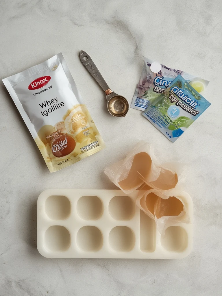 Flat-lay of bariatric gelatin recipe ingredients: unflavored gelatin packets, whey protein isolate, Crystal Light, stevia drops, and silicone portion molds
