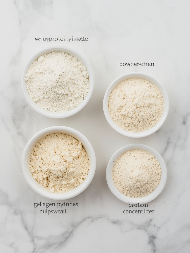 Three small white bowls comparing whey protein isolate, collagen peptides, and whey protein concentrate for bariatric gelatin recipe — showing texture and color differences