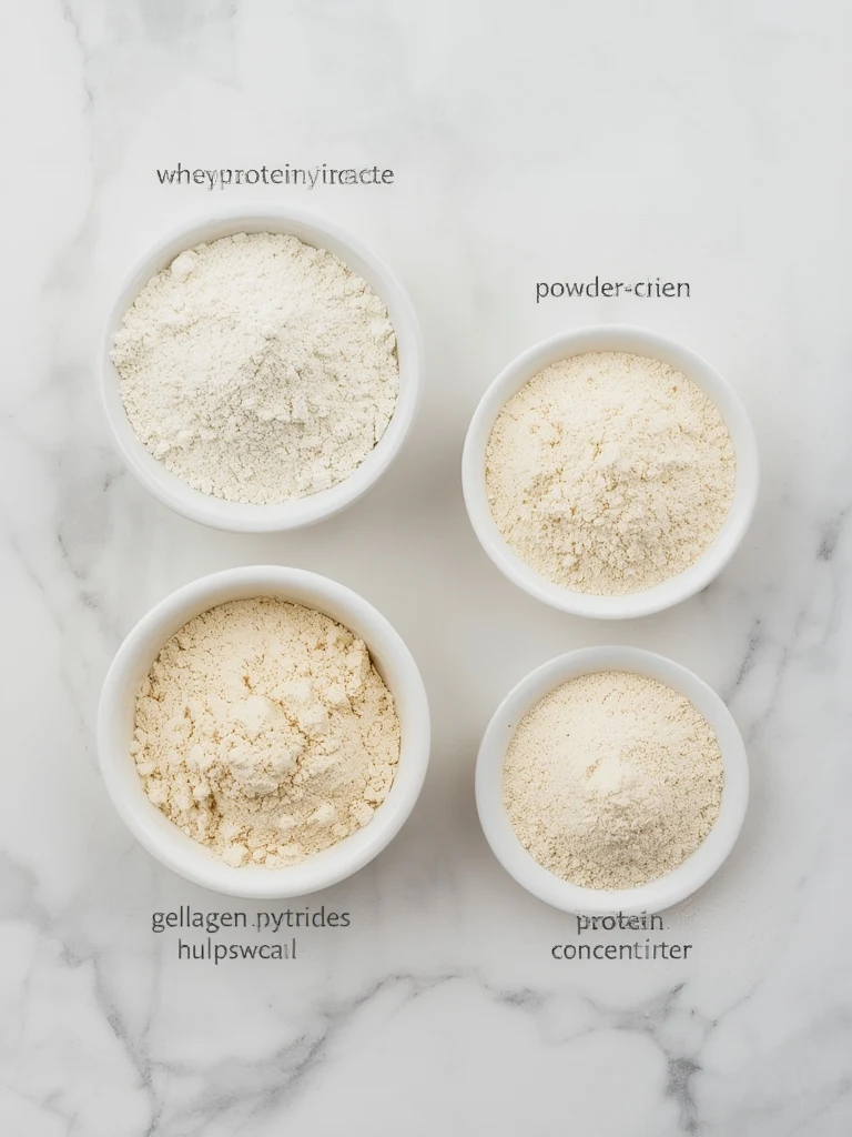 Three bowls comparing whey protein isolate, collagen peptides, and whey concentrate powders for the bariatric gelatin recipe
