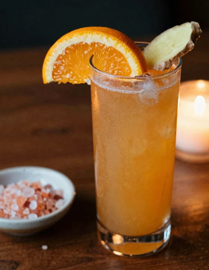 Cortisol balancing mocktail recipe in amber glass on dark walnut wood with orange slice and ginger