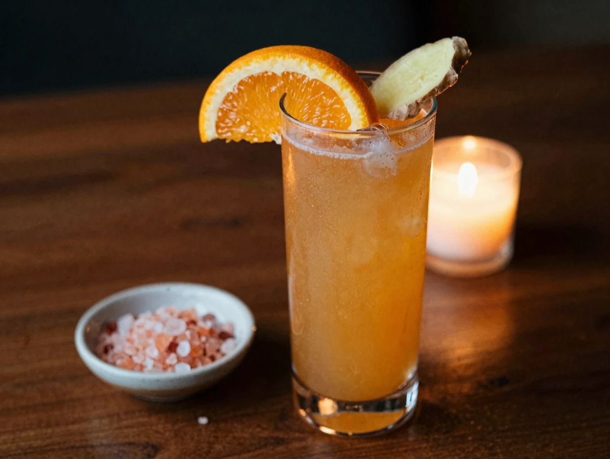 Cortisol balancing mocktail recipe in amber glass with orange slice and ginger on dark wood