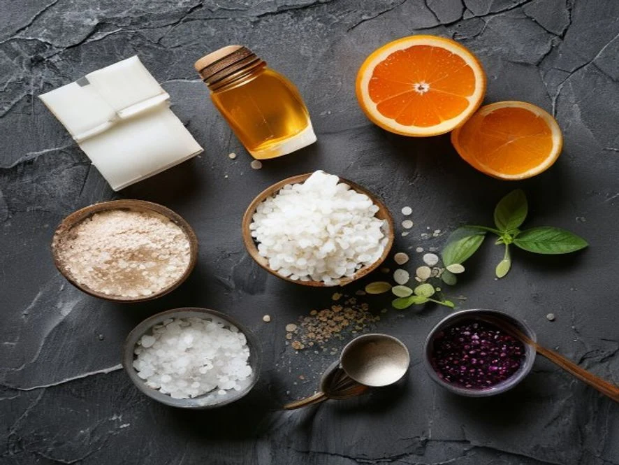 Flat-lay of cortisol balancing mocktail ingredients including ashwagandha powder, coconut water, orange, tart cherry juice and pink salt