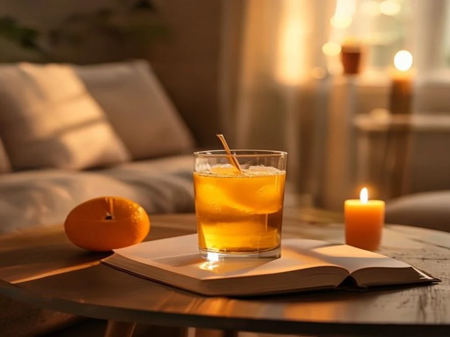 Glass of cortisol balancing mocktail on side table beside open book and candle in cozy evening setting