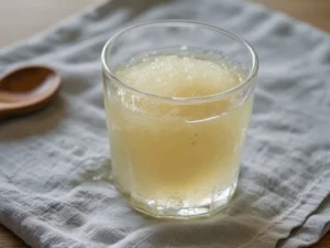 Unflavored gelatin powder blooming and swelling in cold water in a small clear glass