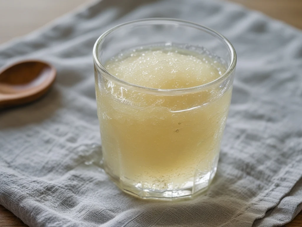 Unflavored gelatin powder blooming and swelling in cold water in a small clear glass
