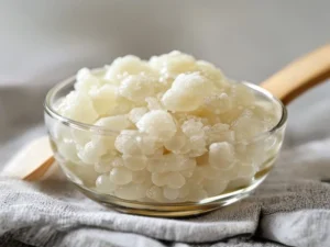 Unflavored gelatin powder blooming in cold water in a small glass for the gelatin diet recipe