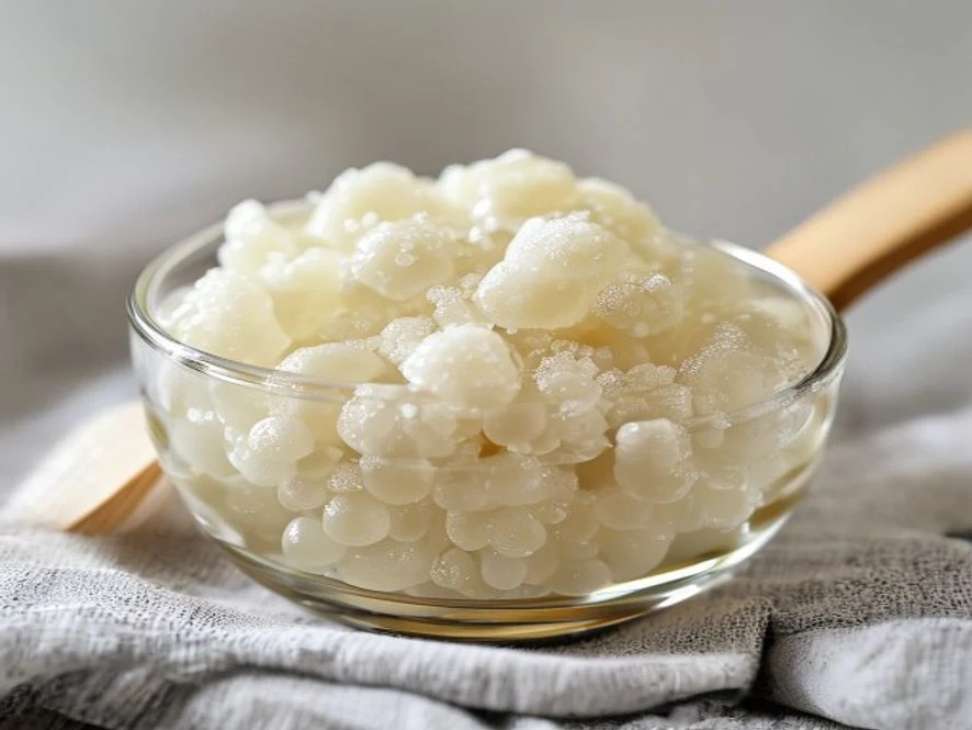 Unflavored gelatin powder blooming in cold water in a small glass for the gelatin diet recipe