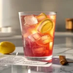 Gelatin diet recipe in a tall clear glass with ice and lemon beside three recipe cards on white marble counter