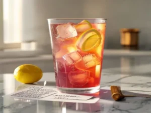 Gelatin diet recipe in a tall clear glass with ice and lemon beside three recipe cards on white marble counter