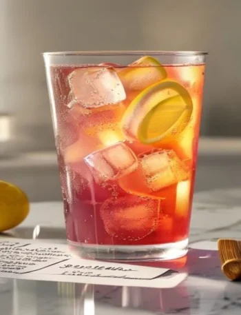 Gelatin diet recipe in a tall clear glass with ice and lemon beside three recipe cards on white marble counter