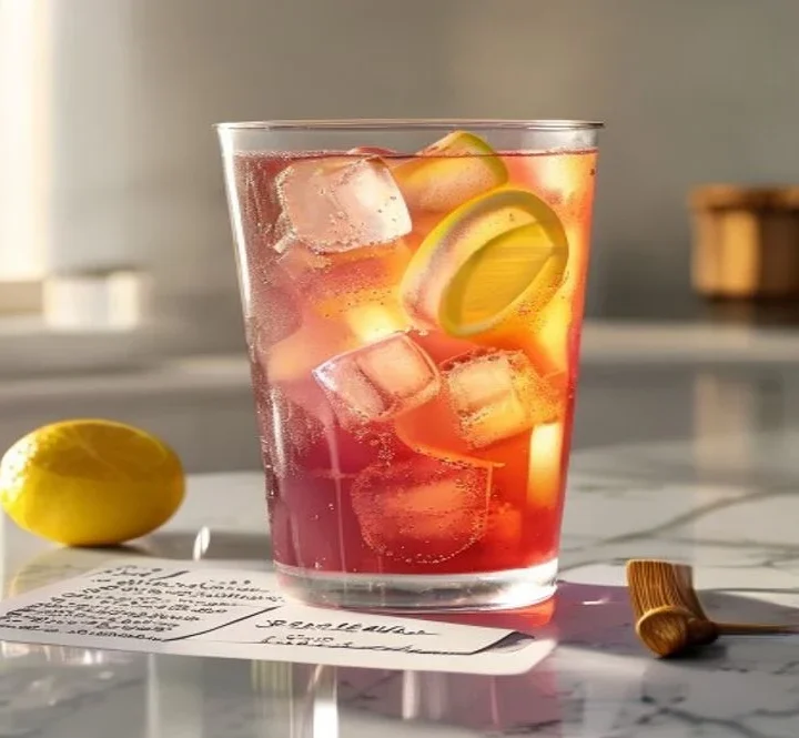 Gelatin diet recipe in a tall clear glass with ice and lemon beside three recipe cards on white marble counter