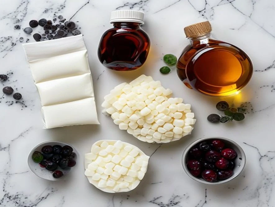 Flat-lay of gelatin diet recipe ingredients: Knox gelatin envelope, cranberry juice, whey protein, fresh berries, honey on white marble