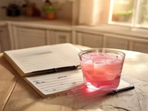 Pink gelatin diet recipe drink beside a 30-day food journal with handwritten notes on kitchen table