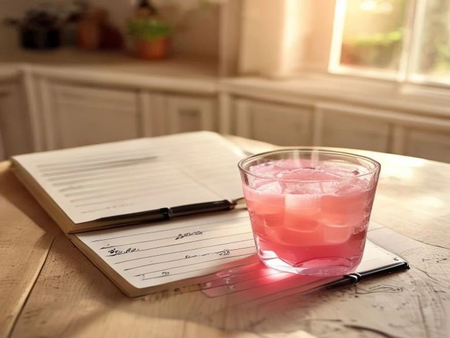 Pink gelatin diet recipe drink beside a 30-day food journal with handwritten notes on kitchen table